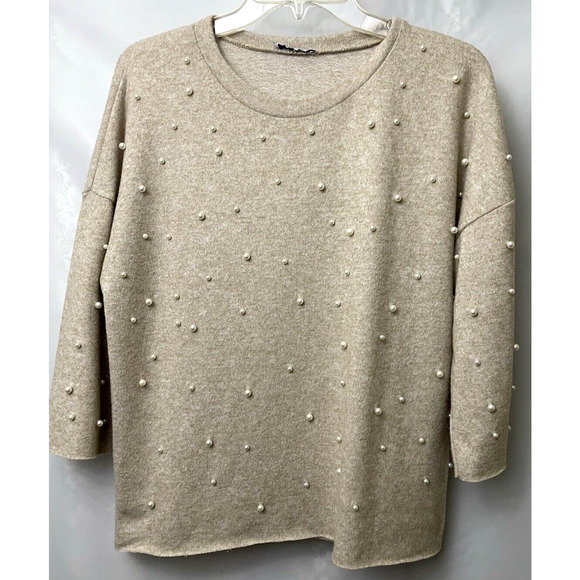 Zara Sweater Jumper Womens Small Beige Pearl Beads 3/4 Sleeve Crew Neck - Picture 1 of 6